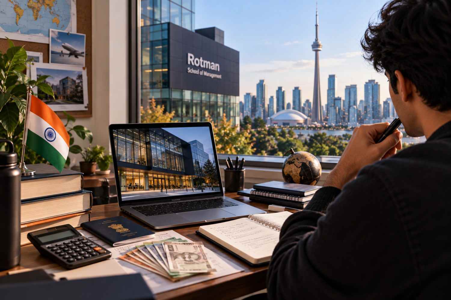 Indian student researching Rotman MBA fees with a calculator, Indian currency, passport, and financial documents, with the Rotman School of Management and Toronto skyline in the background.